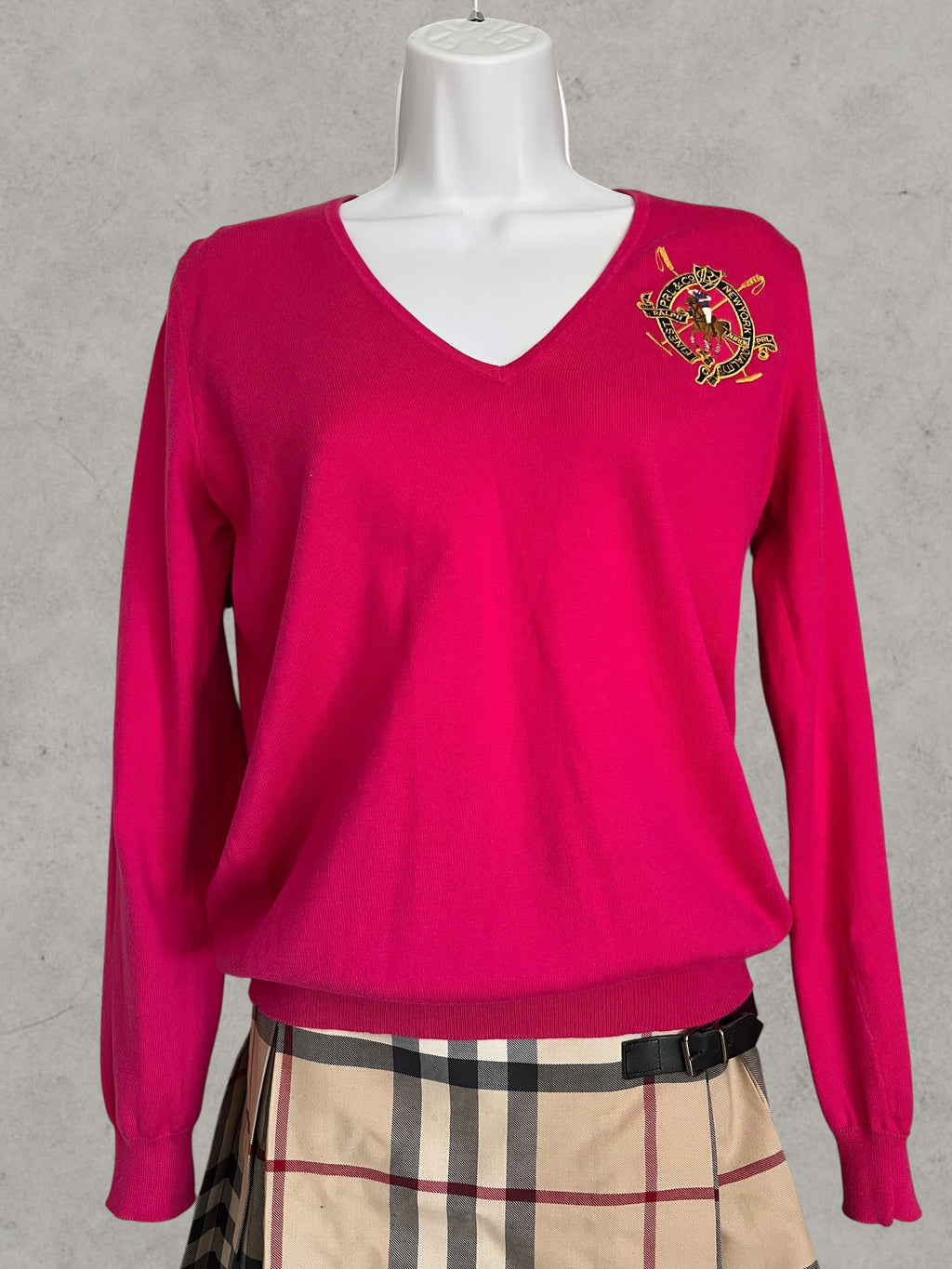 Ralph Lauren Sport V-Neck Cotton Sweater Pink S – Jersey de Algodón con Logo Bordado | Pull Femme