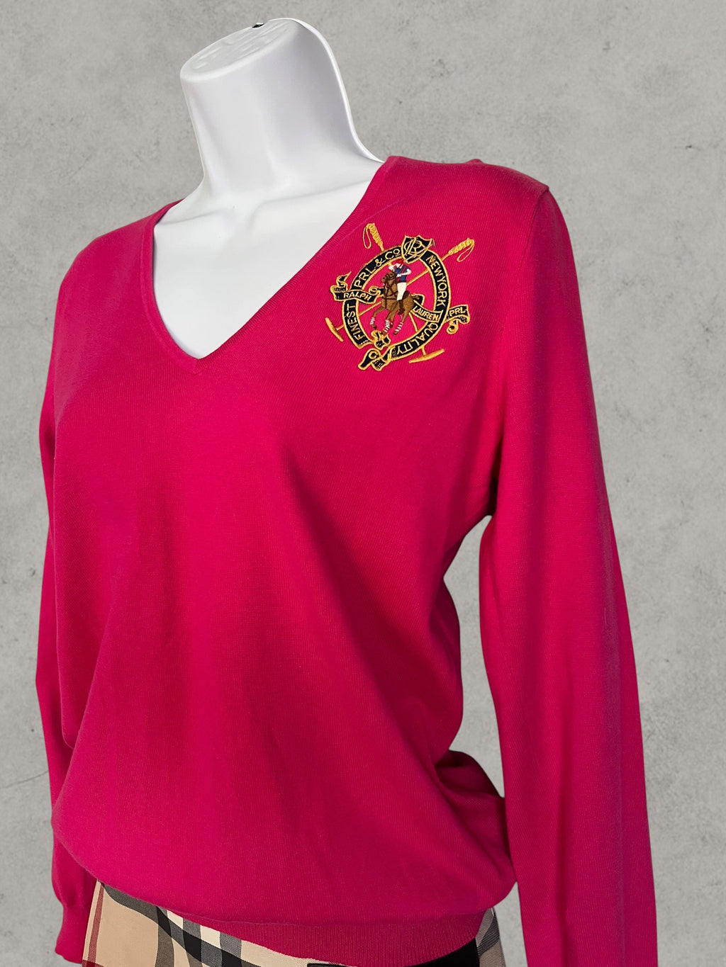 Ralph Lauren Sport V-Neck Cotton Sweater Pink S – Jersey de Algodón con Logo Bordado | Pull Femme
