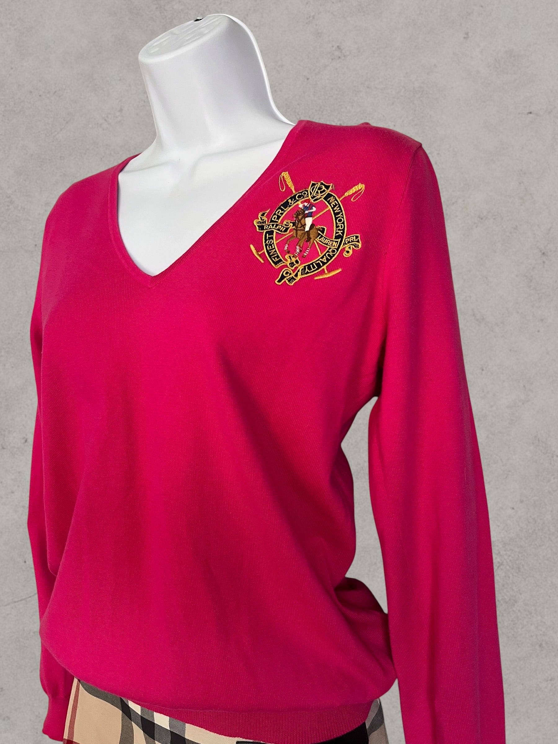 Ralph Lauren Sport V-Neck Cotton Sweater Pink S – Jersey de Algodón con Logo Bordado | Pull Femme