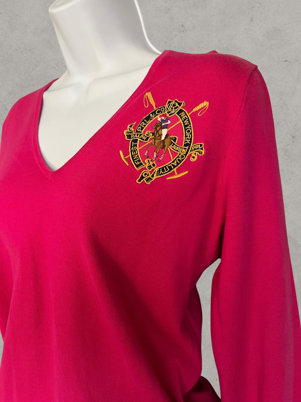 Ralph Lauren Sport V-Neck Cotton Sweater Pink S – Jersey de Algodón con Logo Bordado | Pull Femme