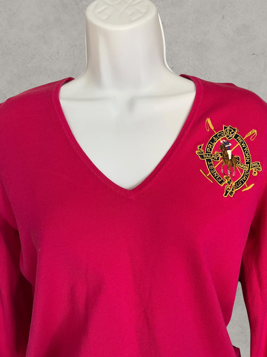 Ralph Lauren Sport V-Neck Cotton Sweater Pink S – Jersey de Algodón con Logo Bordado | Pull Femme
