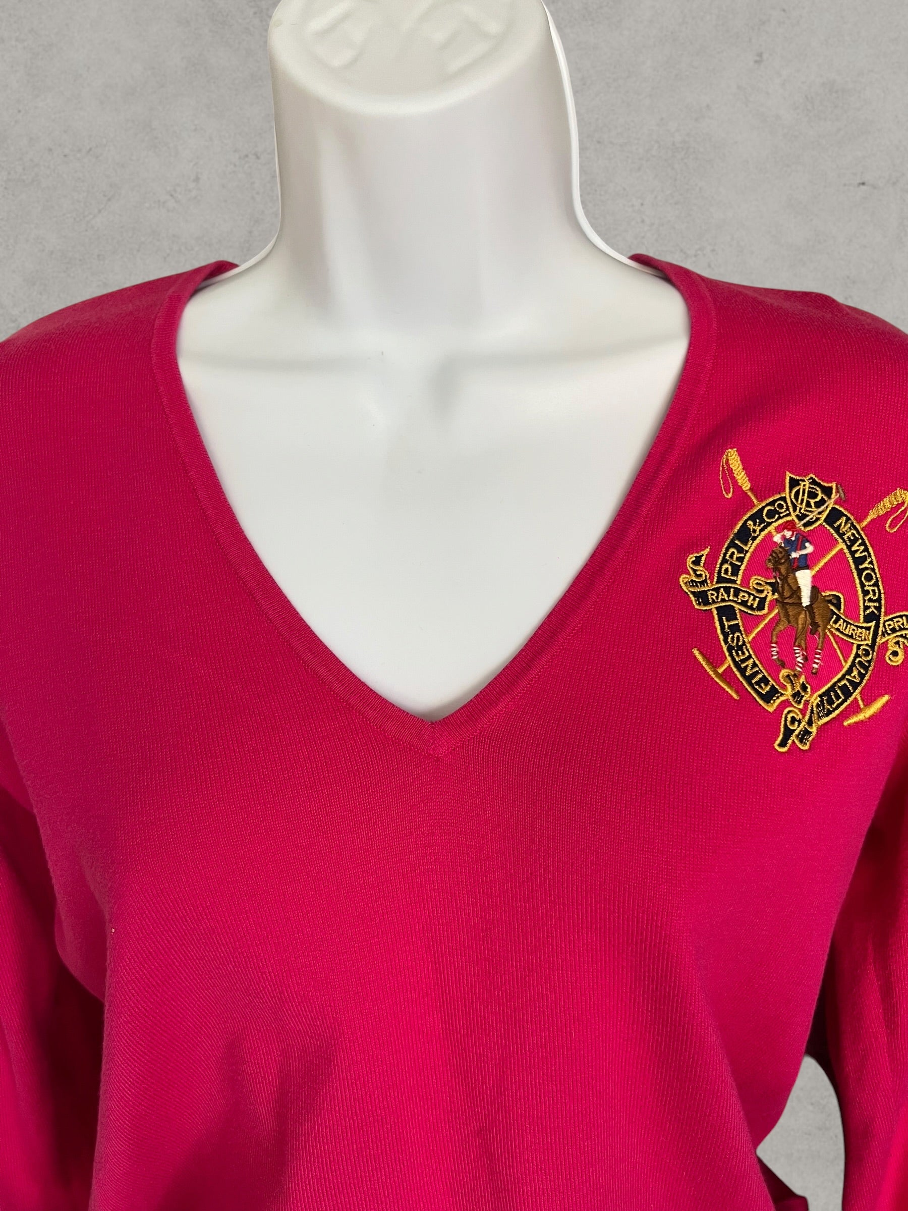 Ralph Lauren Sport V-Neck Cotton Sweater Pink S – Jersey de Algodón con Logo Bordado | Pull Femme