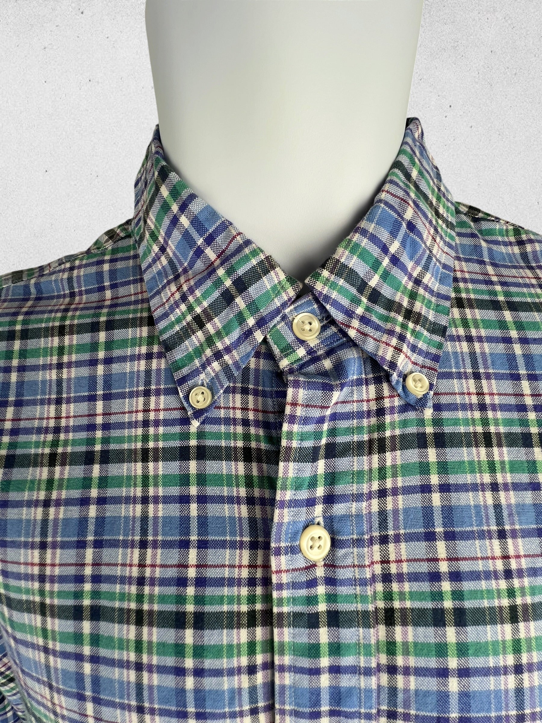 Ralph Lauren Slim Fit Blue Green Tartan Plaid Button-Down Shirt – Size L