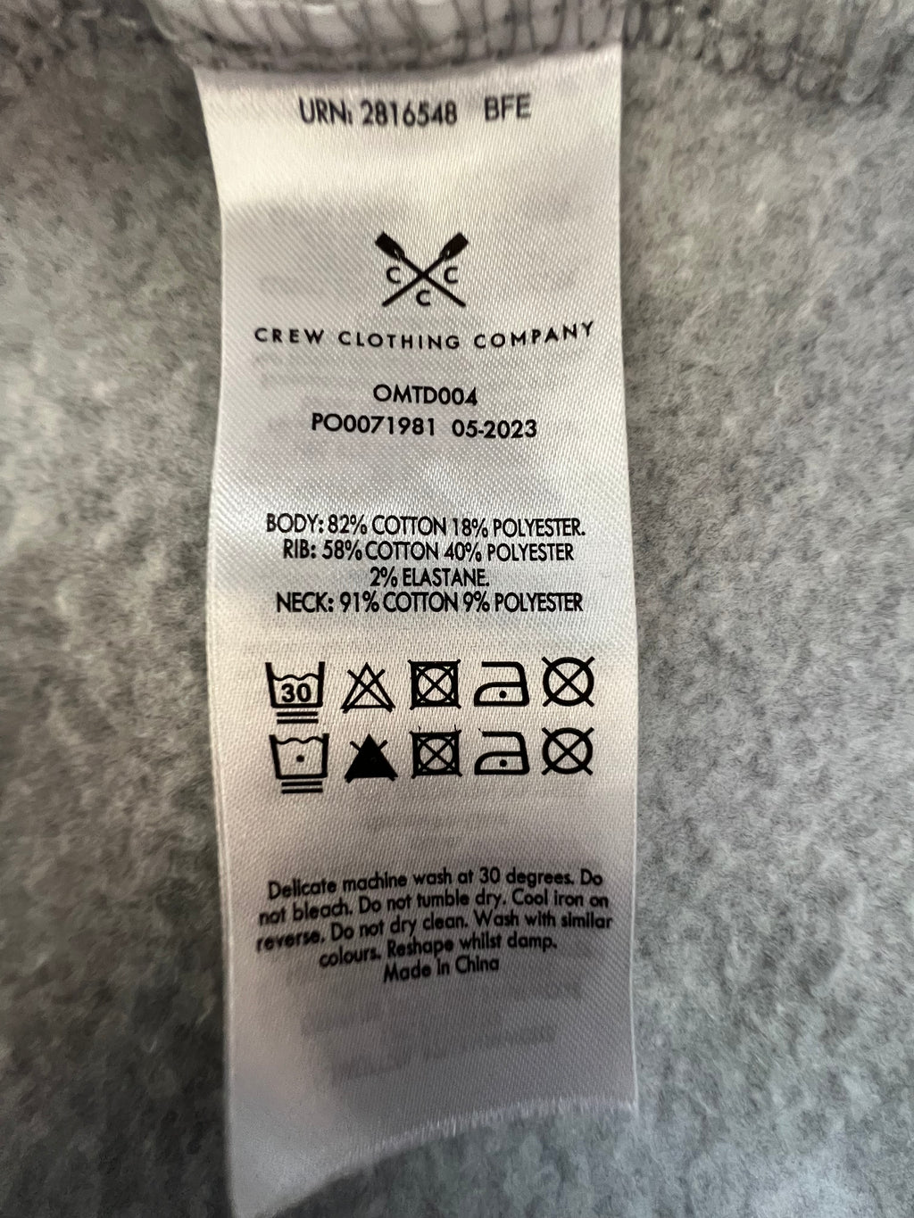 Crew Clothing Company Grey Quarter Zip Sweatshirt Embroidered Logo Size M