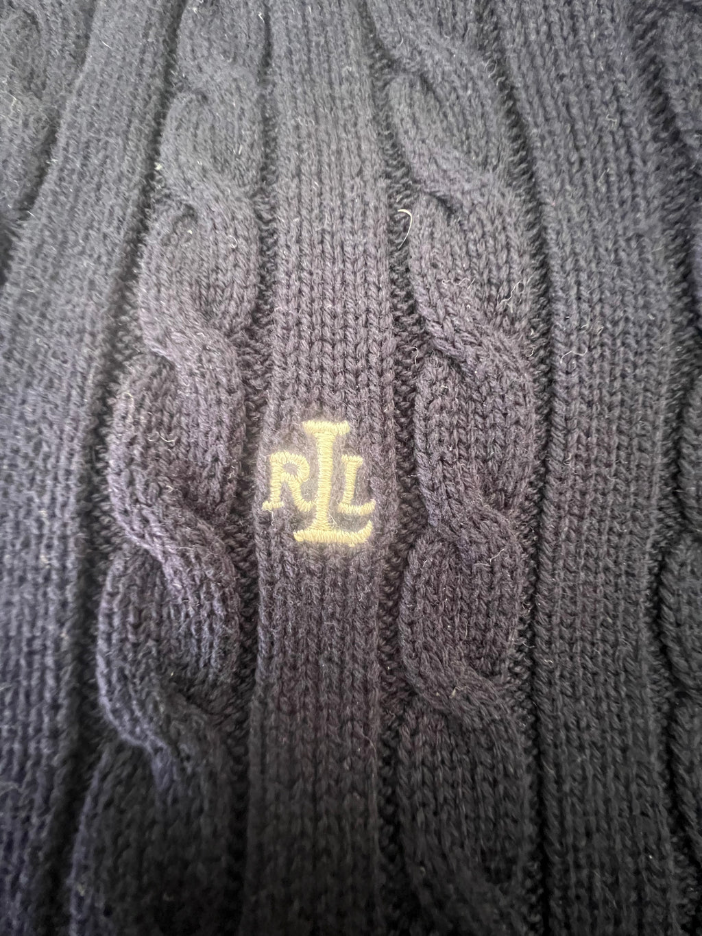 Lauren Ralph Lauren Cable Knit Cotton Sweater Navy Blue XL – Jersey de Punto Trenzado con Cuello Pico | Pull Femme