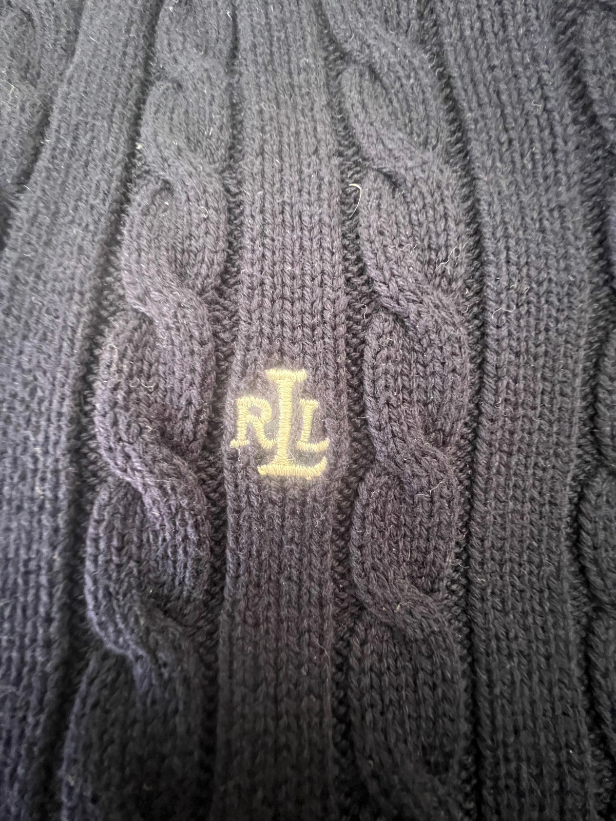 Lauren Ralph Lauren Cable Knit Cotton Sweater Navy Blue XL – Jersey de Punto Trenzado con Cuello Pico | Pull Femme