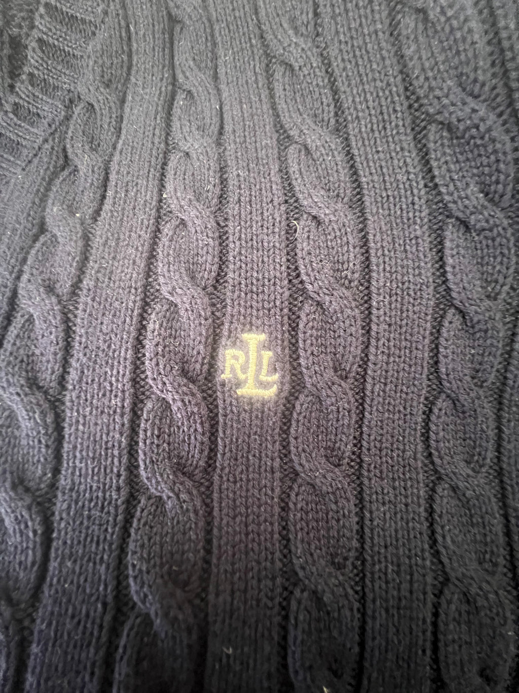 Lauren Ralph Lauren Cable Knit Cotton Sweater Navy Blue XL – Jersey de Punto Trenzado con Cuello Pico | Pull Femme