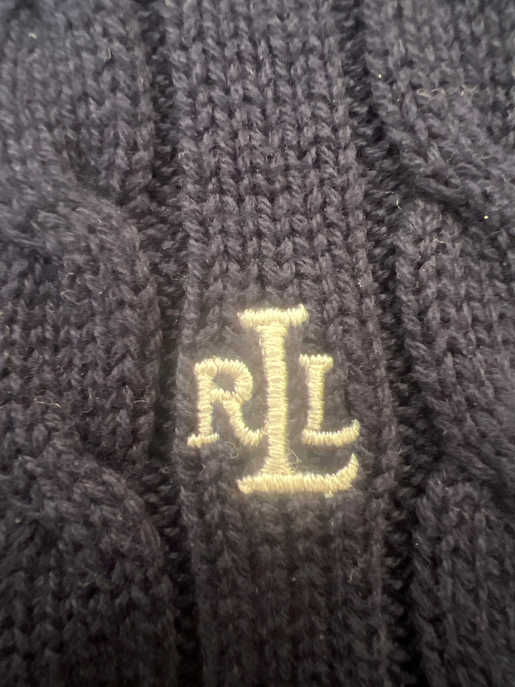 Lauren Ralph Lauren Cable Knit Cotton Sweater Navy Blue XL – Jersey de Punto Trenzado con Cuello Pico | Pull Femme
